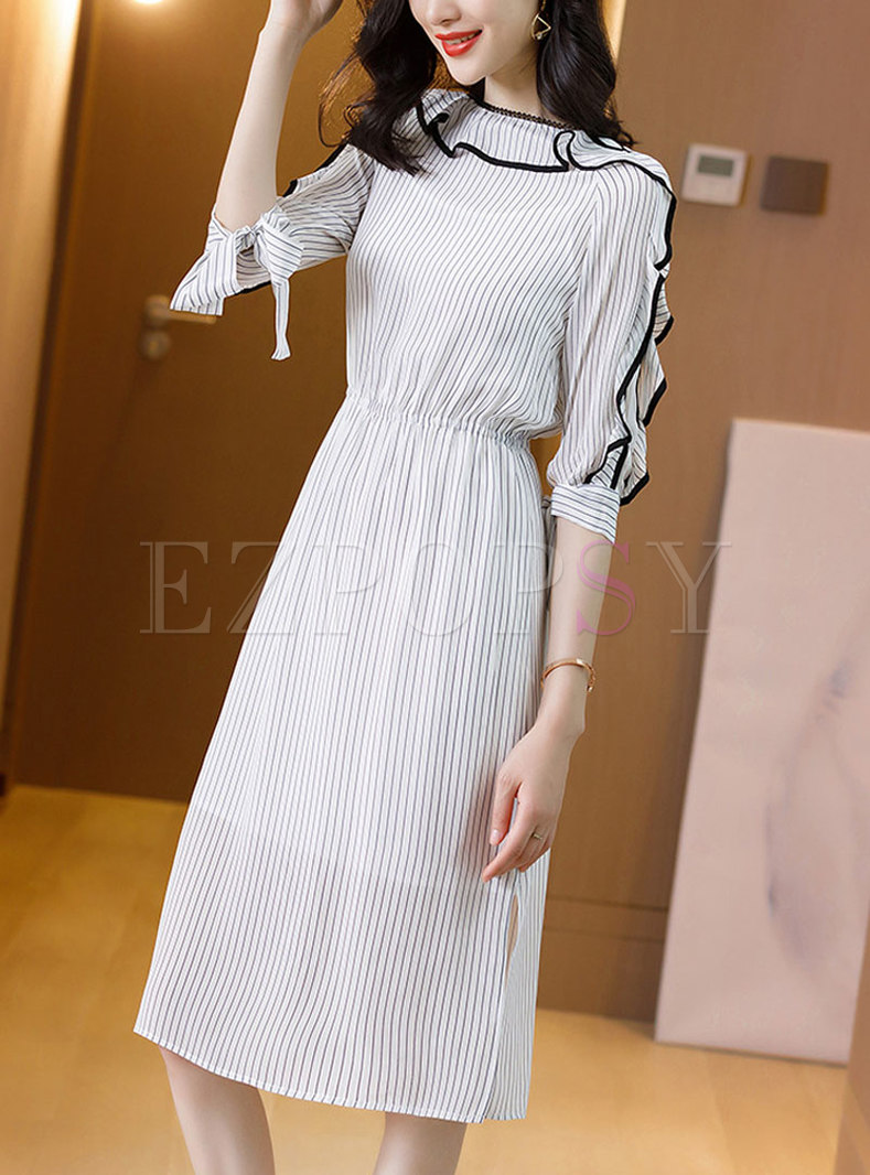 Striped Elastic Waist Ruffel Silk Skater Dress