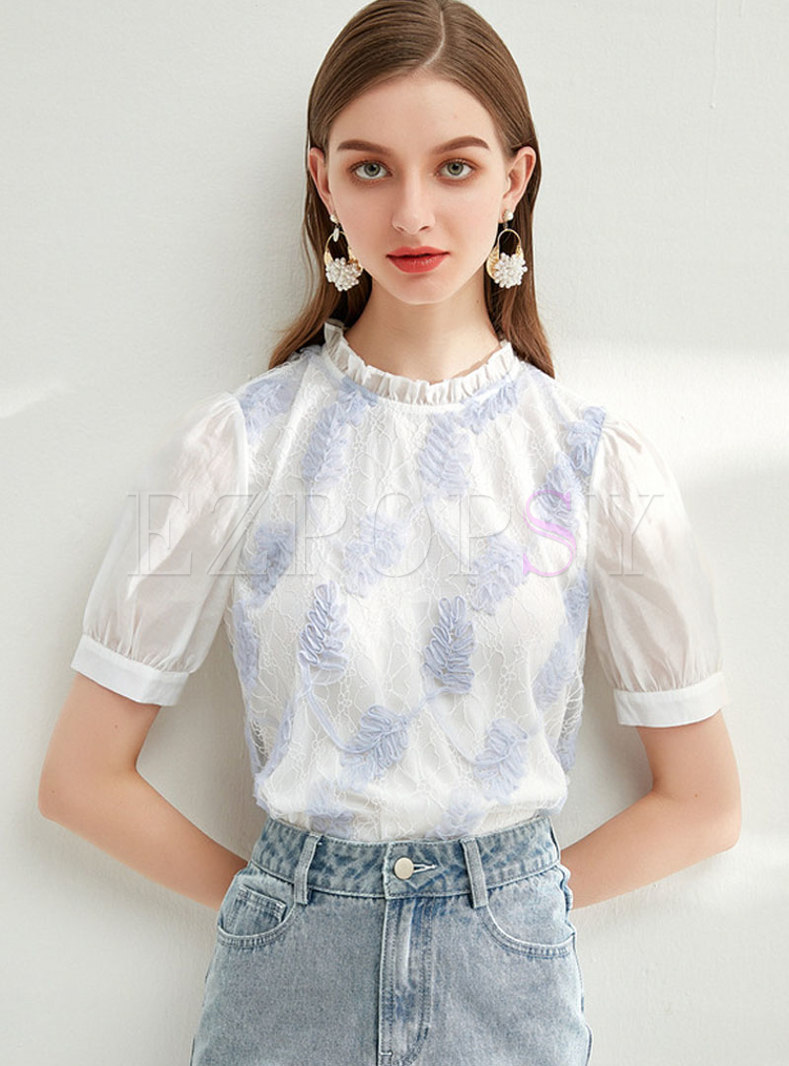 Lace Mock Neck Embroidered Blouse