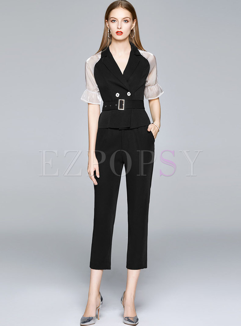 Color-blocked Patchwork Belted Pant Suits
