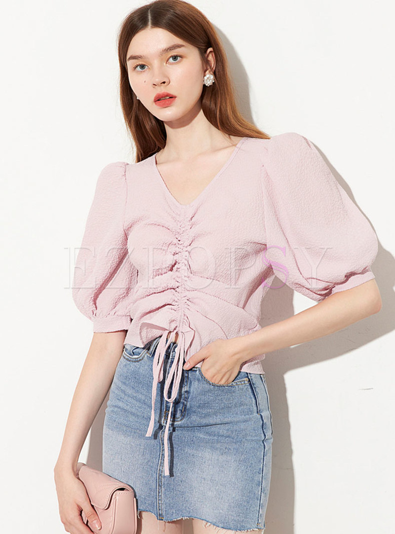 Pink V-neck Drawcord Pullover Crop Blouse