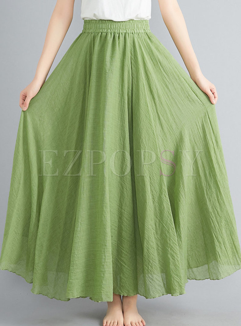 Pure Color Elastic Waist Linen Long Skirt