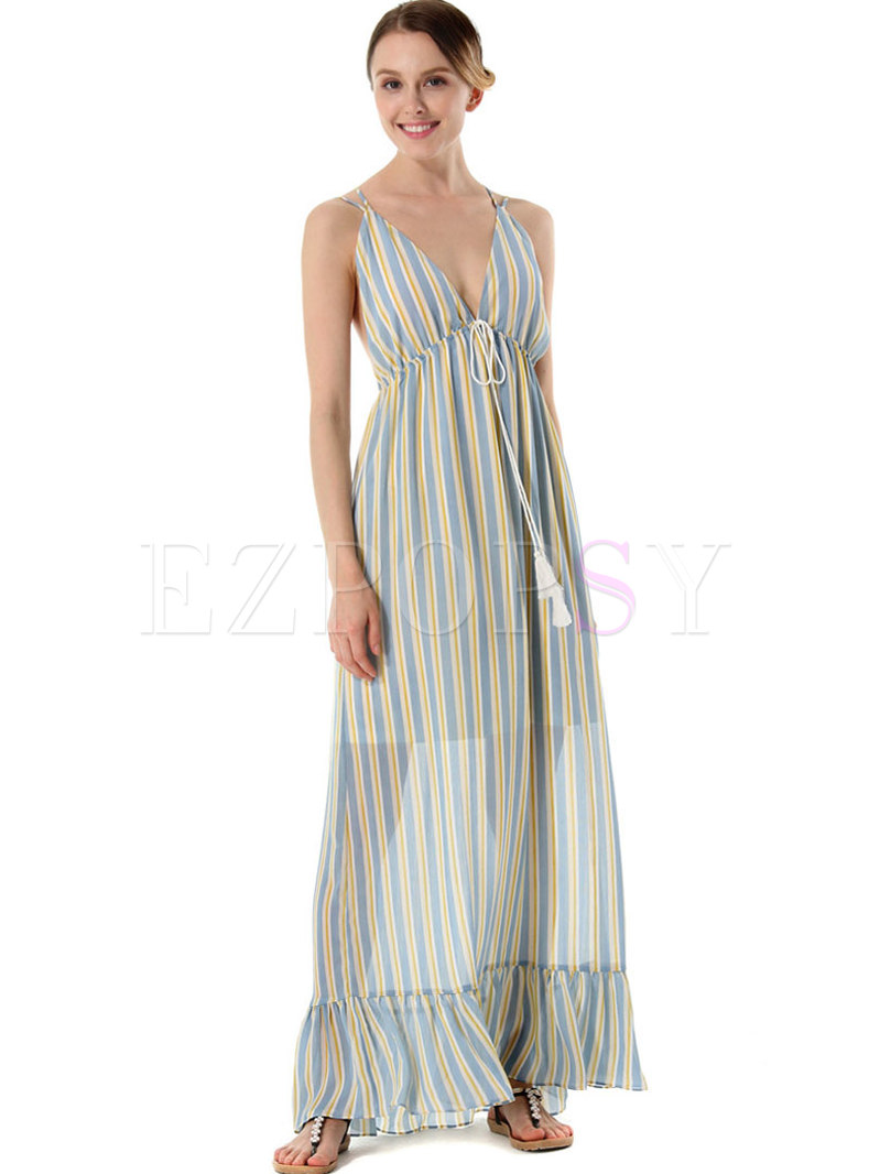 Deep V-neck Striped Backless Beach Maxi Dress