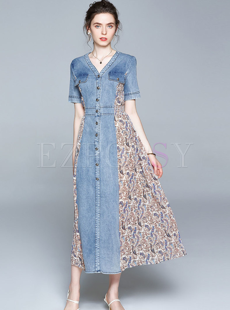 Dresses | Maxi Dresses | V-neck Denim Patchwork Floral Maxi Dress