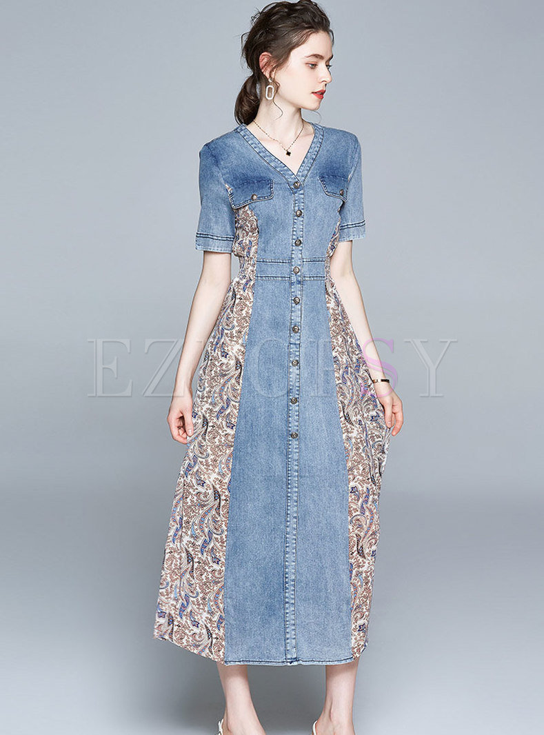 Dresses | Maxi Dresses | V-neck Denim Patchwork Floral Maxi Dress