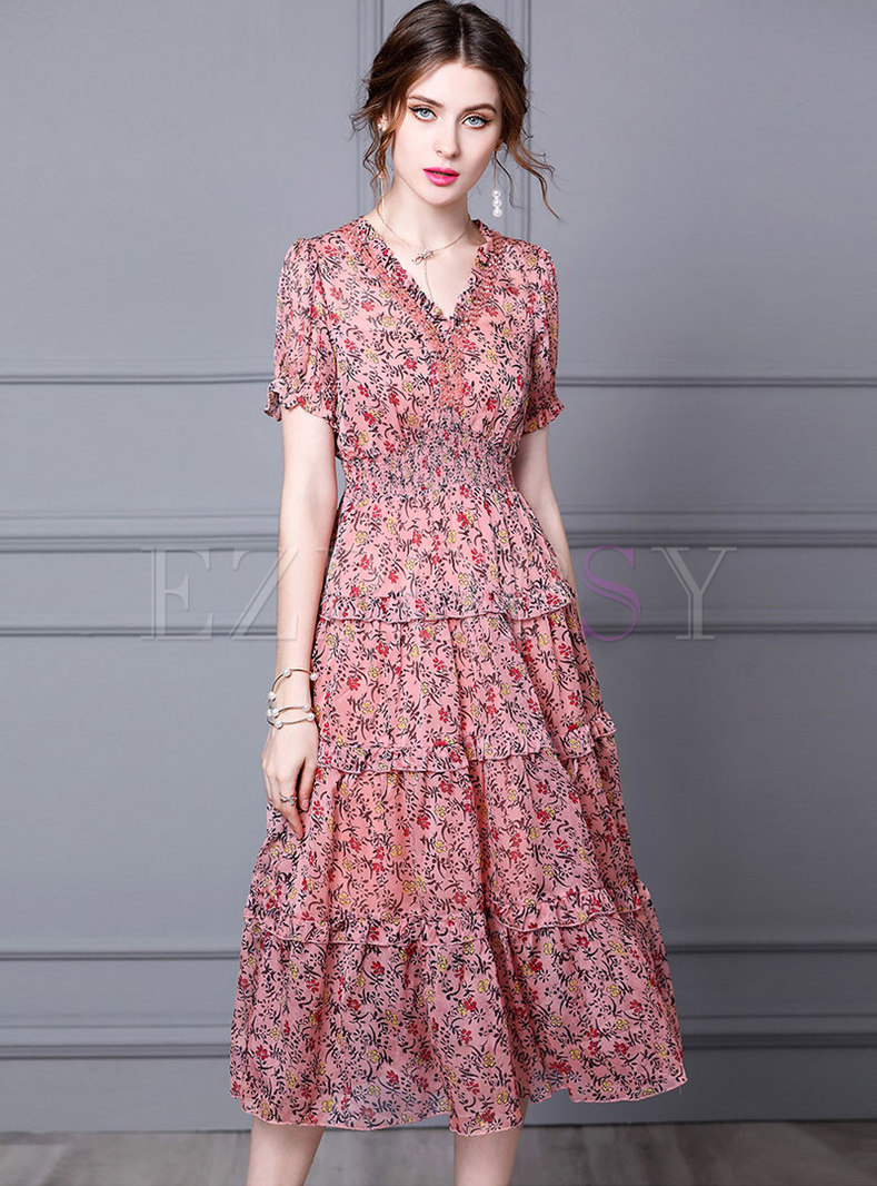 Dresses | Skater Dresses | V-neck Floral Puff Sleeve Midi A Line Dress