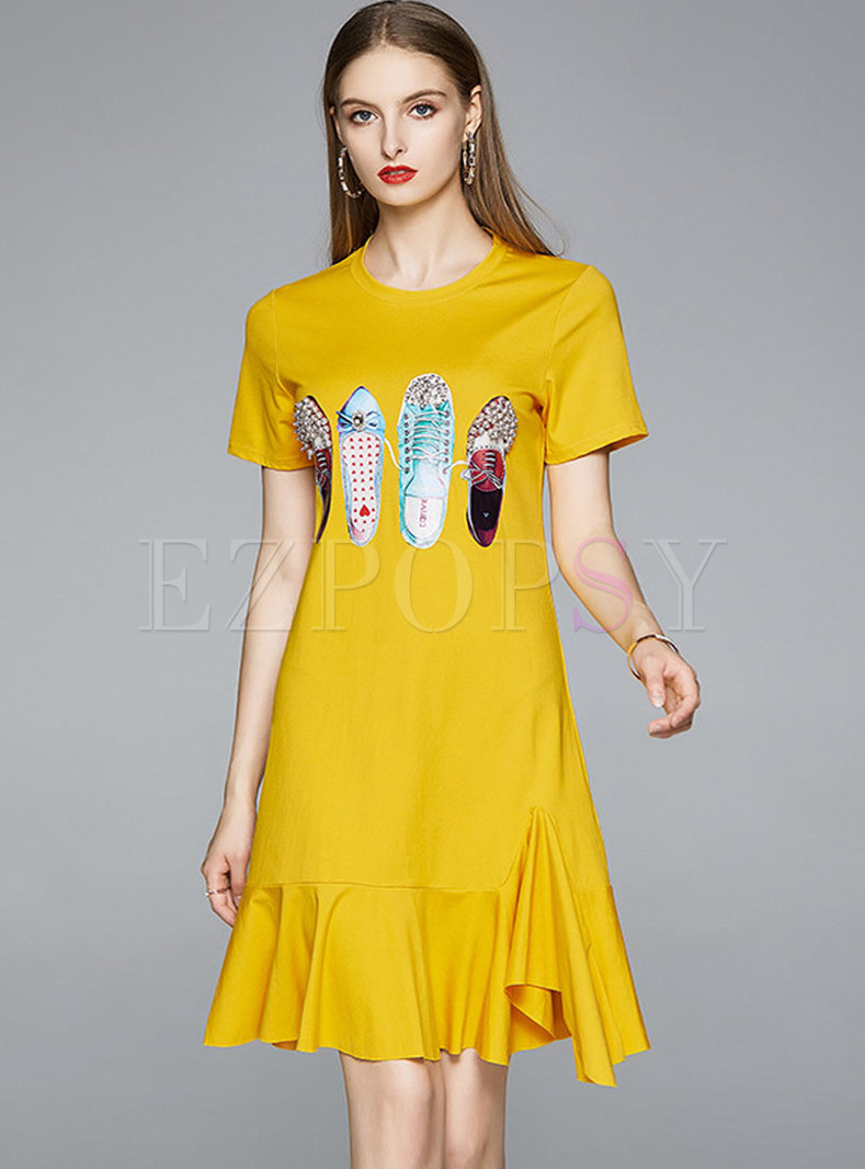 Short Sleeve Print Ruffle A Line Dress