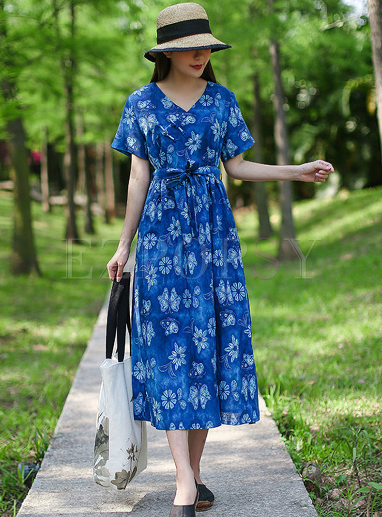 Blue Short Sleeve Print Wrap A Line Midi Dress