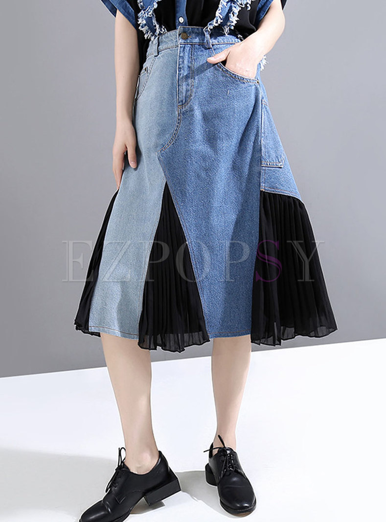 Blue Denim Patchwork Chiffon A Line Skirt