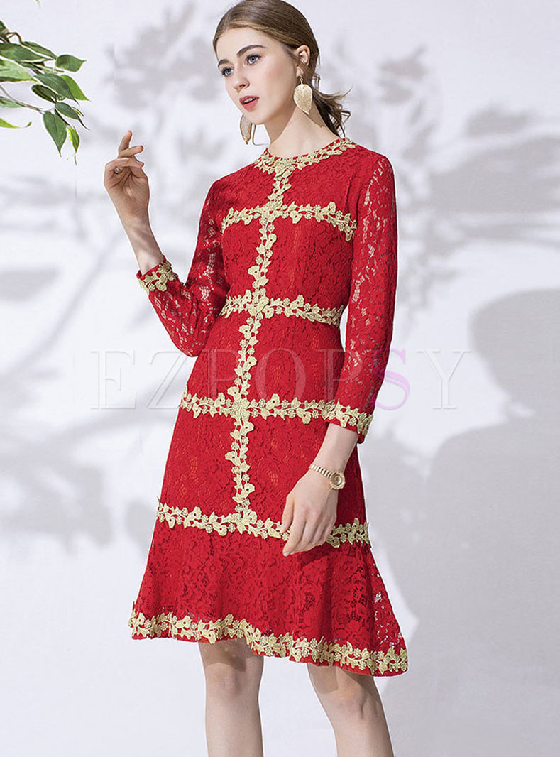 Red O-neck Embroidered Lace Mermaid Dress