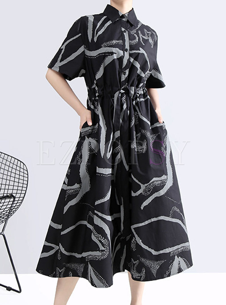 Lapel Print Short Sleeve Drawstring Midi Shirt Dress