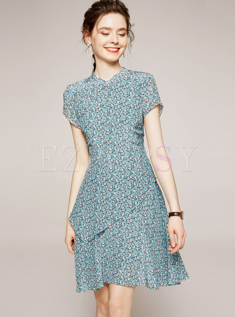 Dresses | Skater Dresses | Mandarin Collar Floral Patchwork A Line Dress