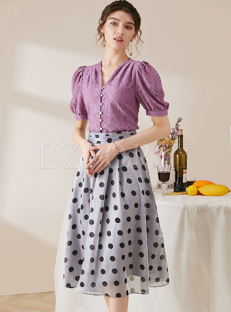 Lace Puff Sleeve Blouse & Polka Dot Midi Skirt