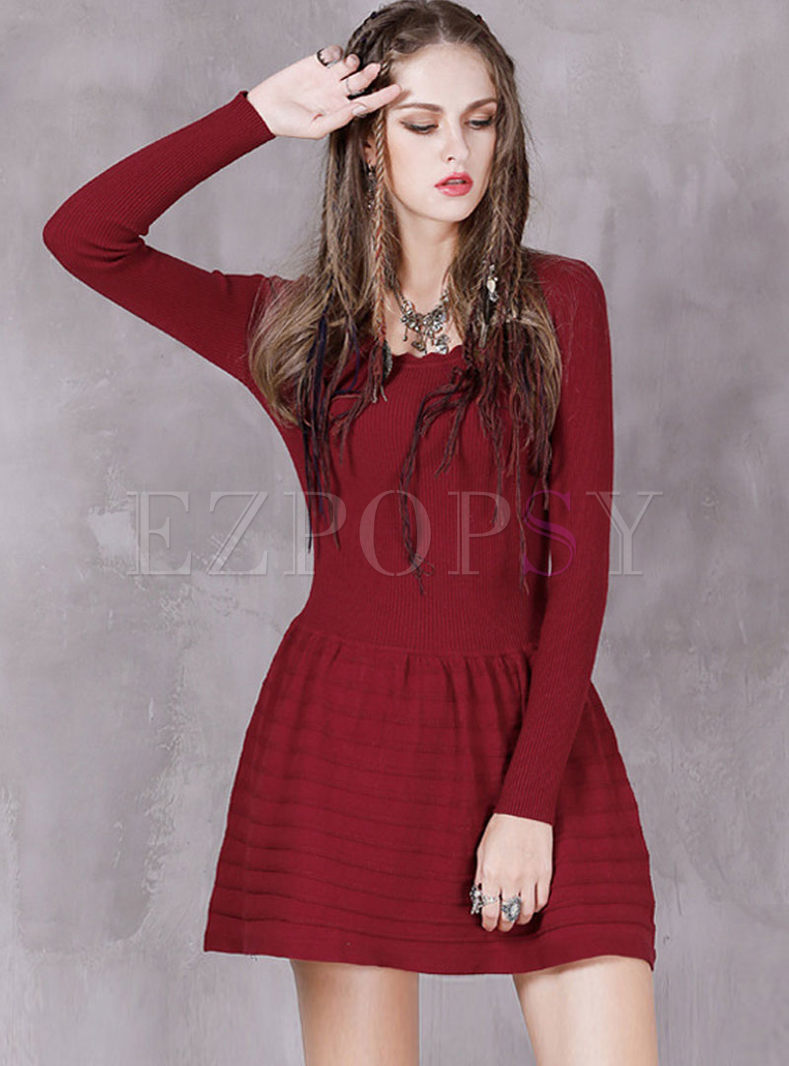 Solid Color O-neck Long Sleeve Knitted Skater Dress