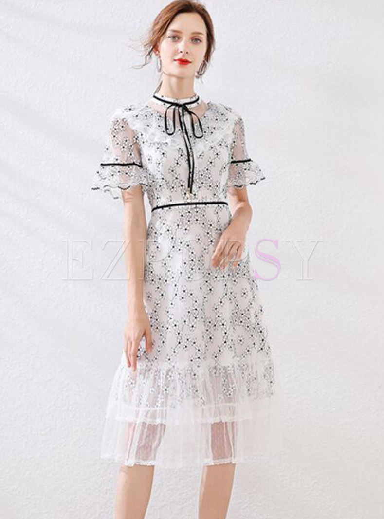 White Flare Sleeve Print Lace A Line Dress