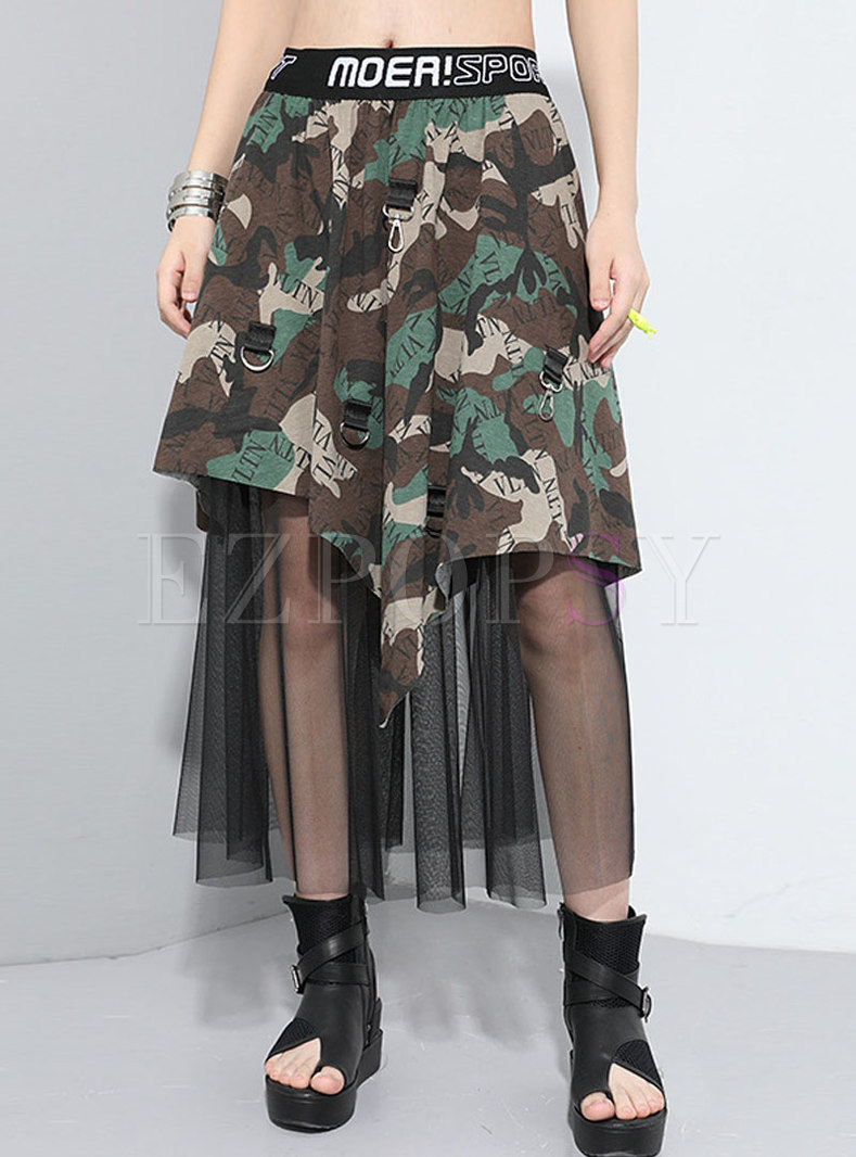 Letter Print Camouflage Patchwork Mesh Long Skirt