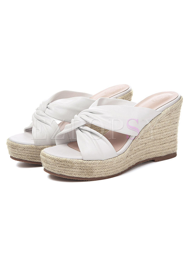 Round Toe Cross Leather Platform Wedges Slippers