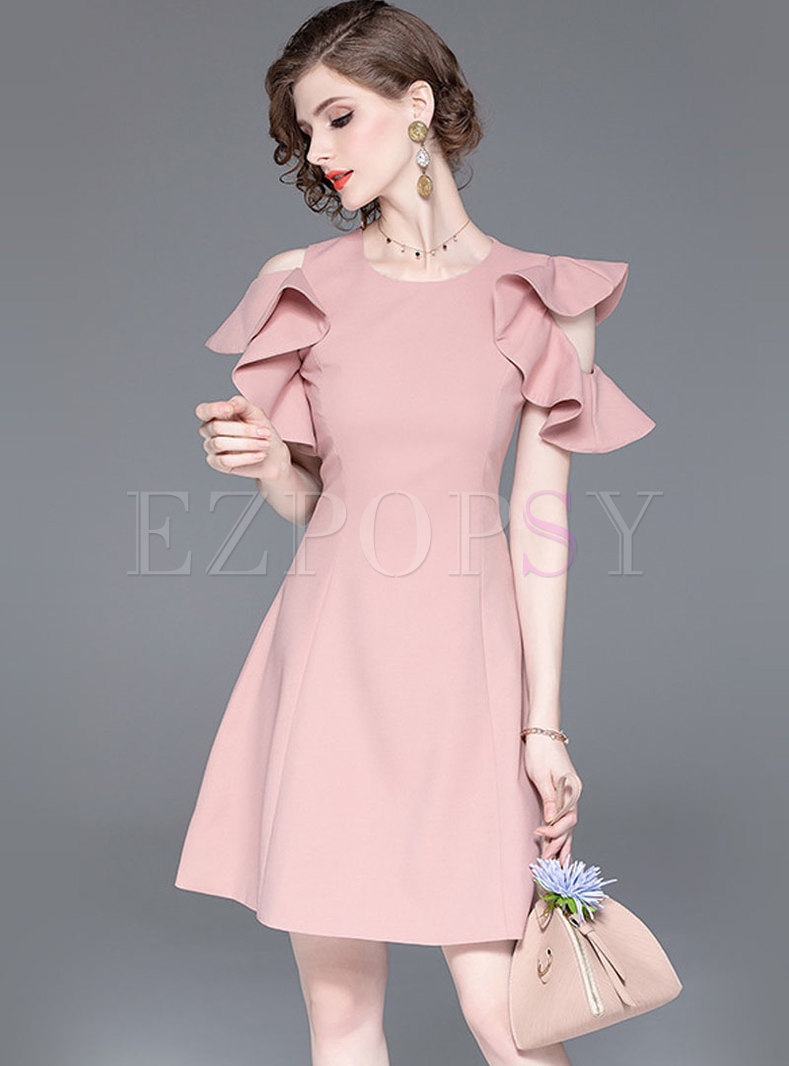Pink Sweet Cold Shoulder Ruffle Mini Dress