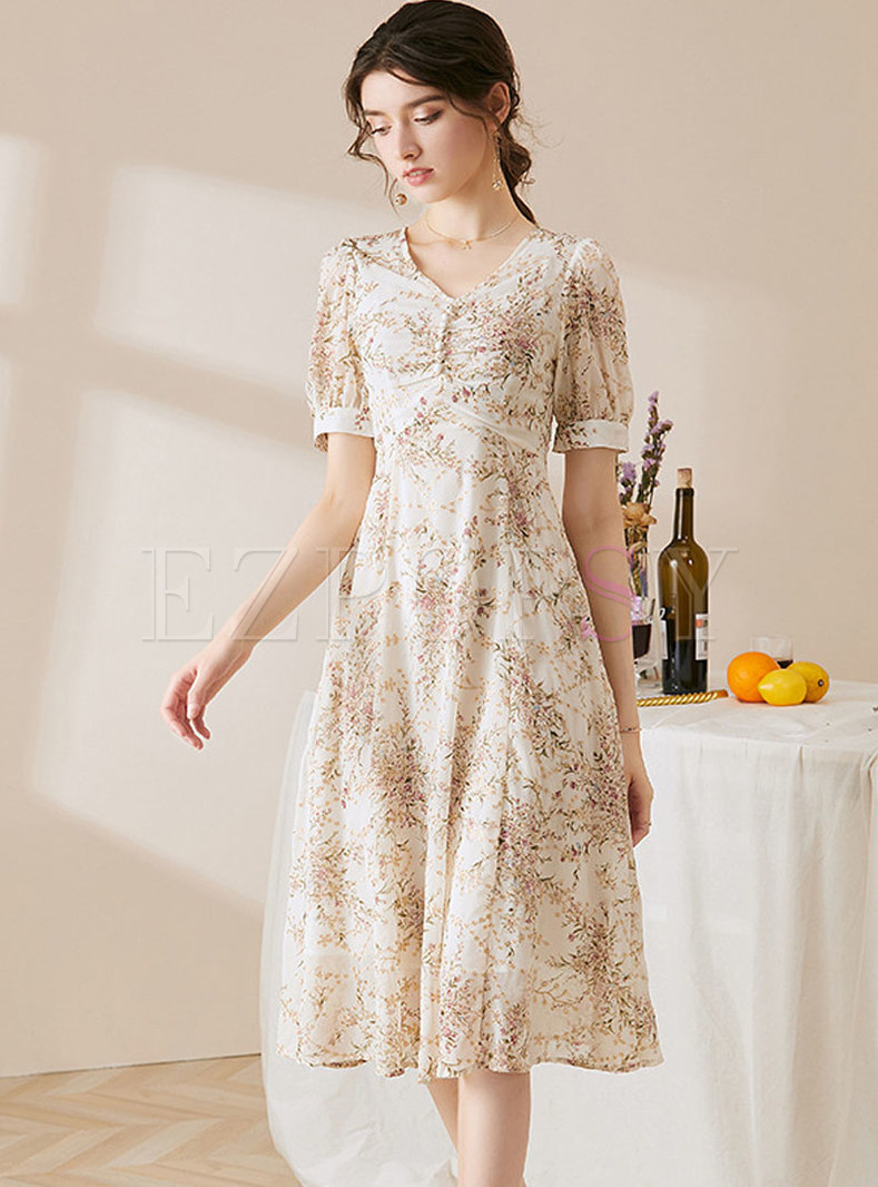 Dresses | Skater Dresses | Puff Sleeve Embroidered Print Chiffon Midi Dress