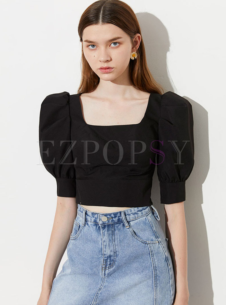 Square Neck Pullover Puff Sleeve Cropped Blouse