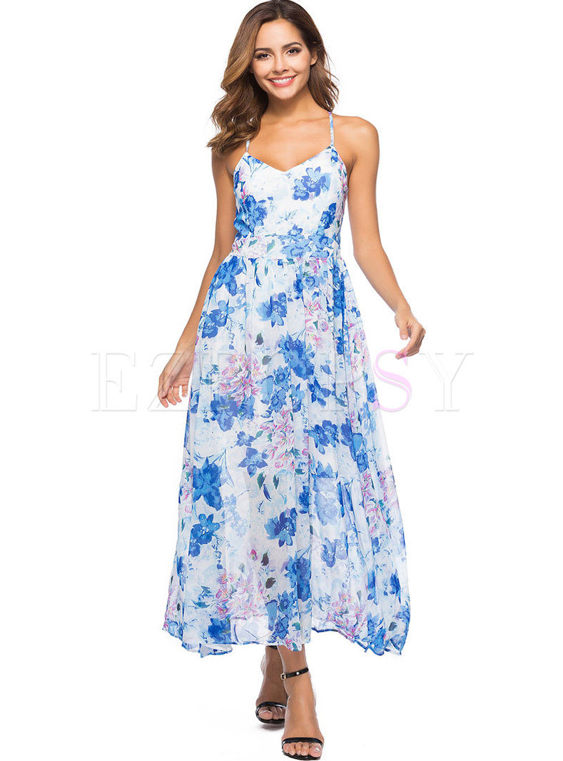 V-neck Backless Floral Ankle-length Maxi Dress