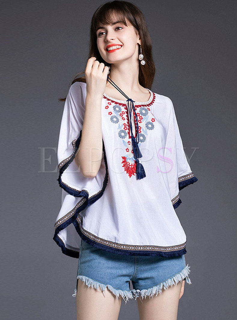 Crew Neck Pullover Embroidered Loose Blouse