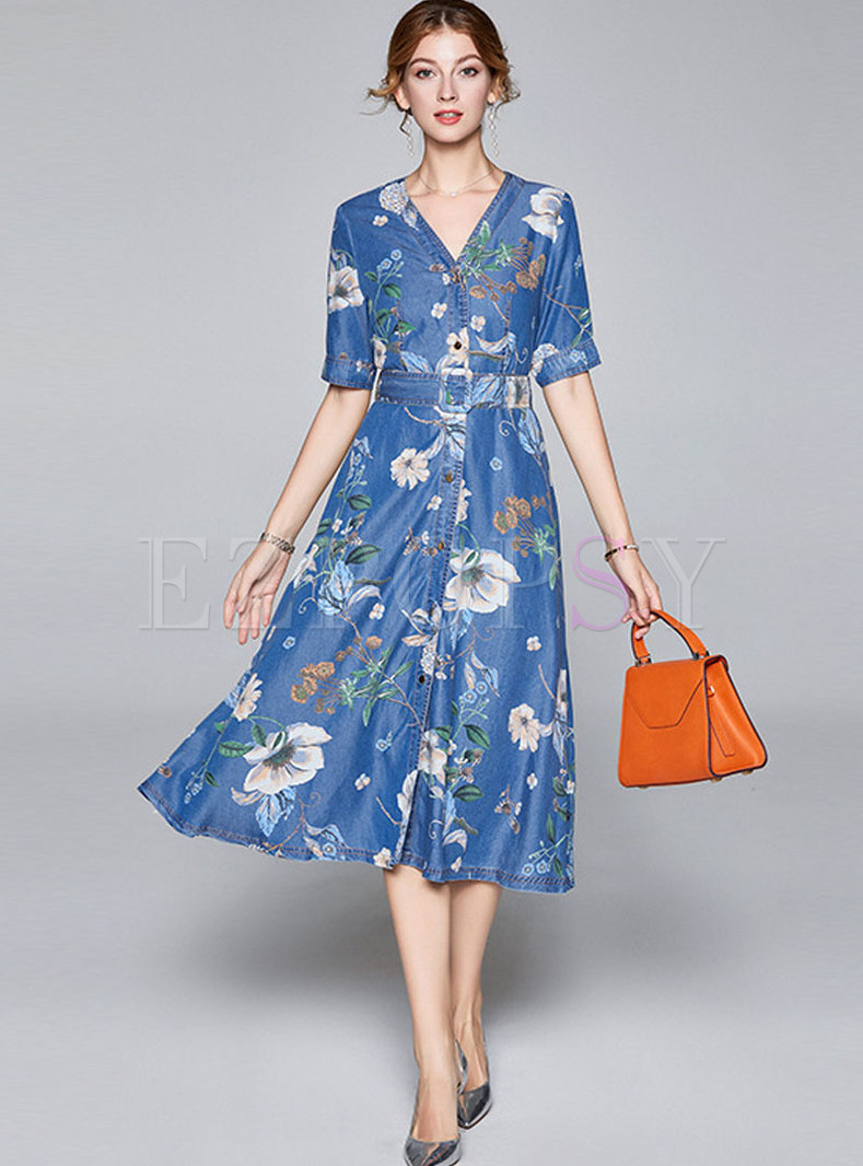 Dresses | Maxi Dresses | Blue Print Single-breasted Denim Maxi Dress