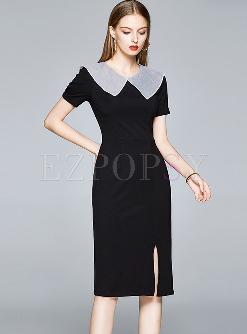 Color-blocked Short Sleeve Slit Bodycon Cocktail Dress