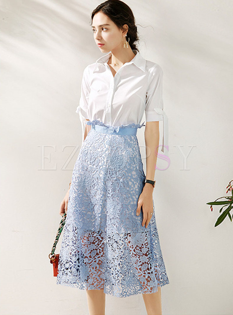 White Short Sleeve Blouse & Lace Openwork Midi Skirt