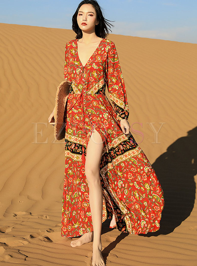 Bohemian Long Sleeve Print Slit Beach Dress