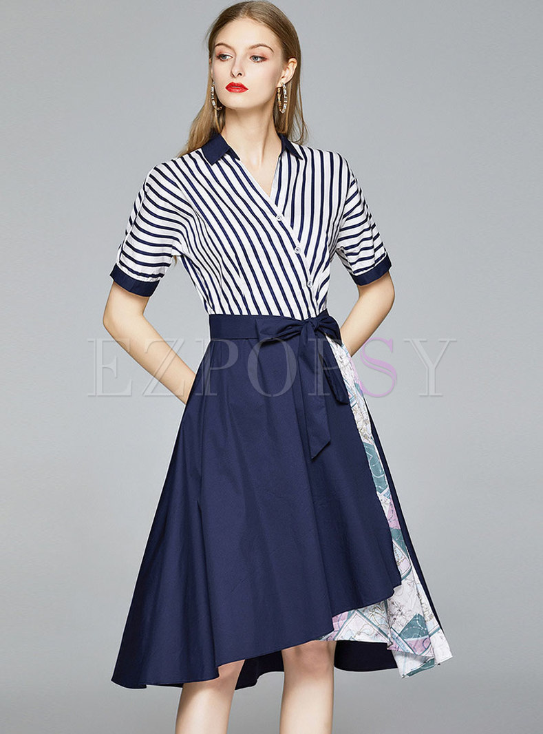 Short Sleeve Striped Print A Line Dress