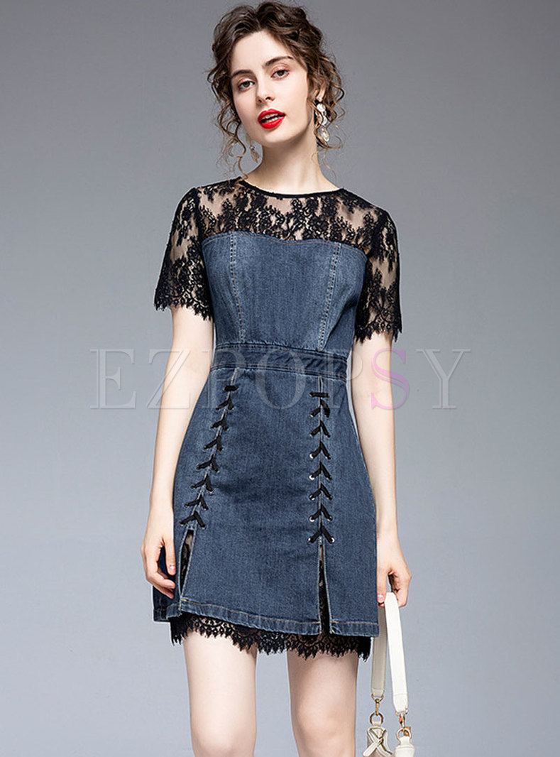 Dresses | Bodycon Dresses | Crew Neck Lace Openwork Denim Sheath Mini Dress