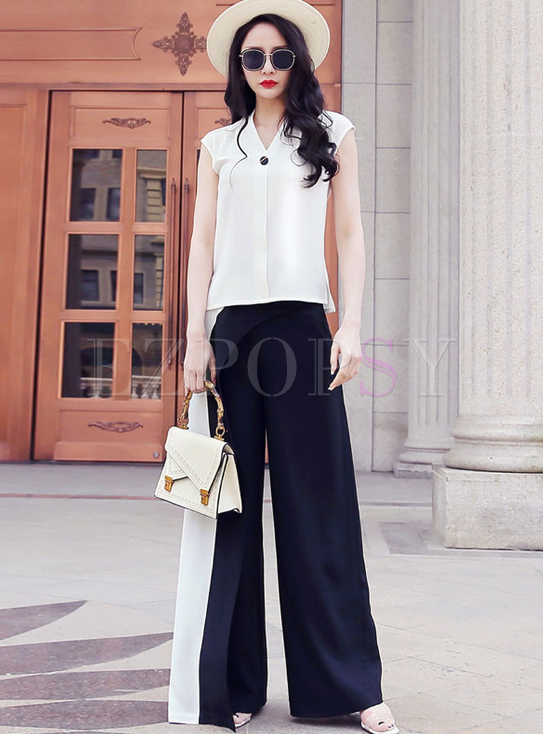 V-neck Sleeveless Color-blocked Wide Leg Pant Suits