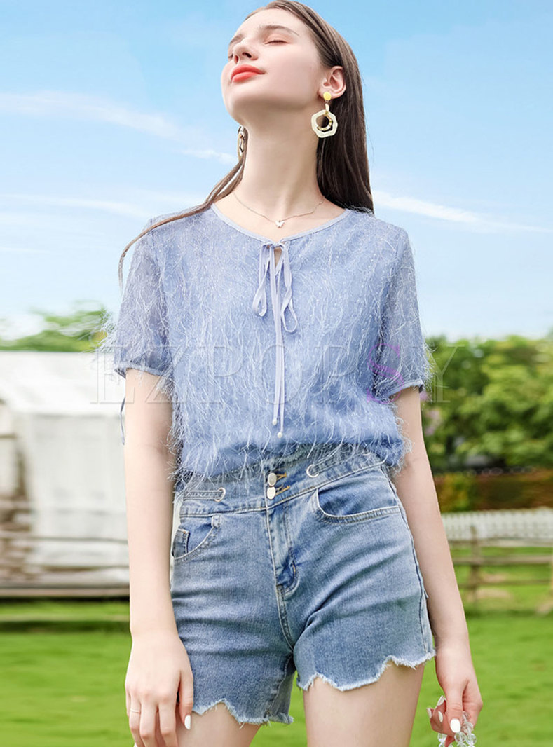 Blue Crew Neck Pullover Fringed Chiffon Blouse
