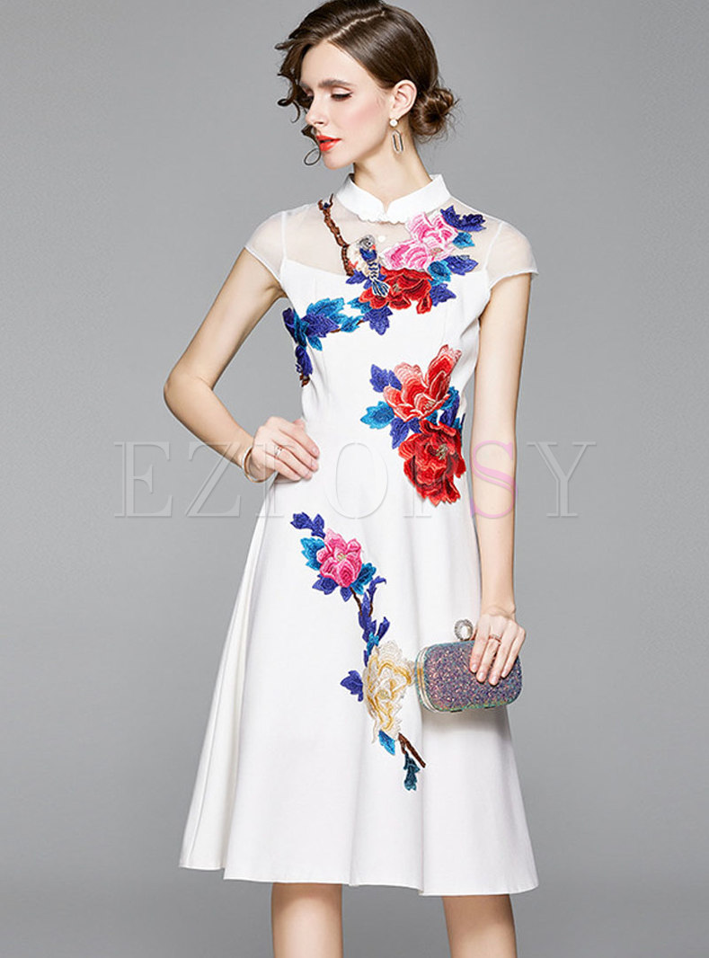 Dresses | Skater Dresses | White Mandarin Collar Embroidered Skater Dress
