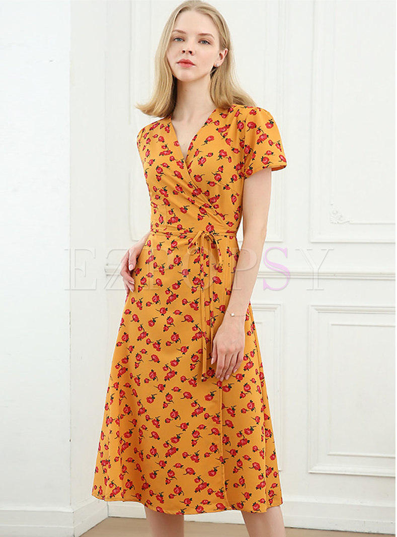 Floral Short Sleeve Cross V-neck Wrap Midi Dress