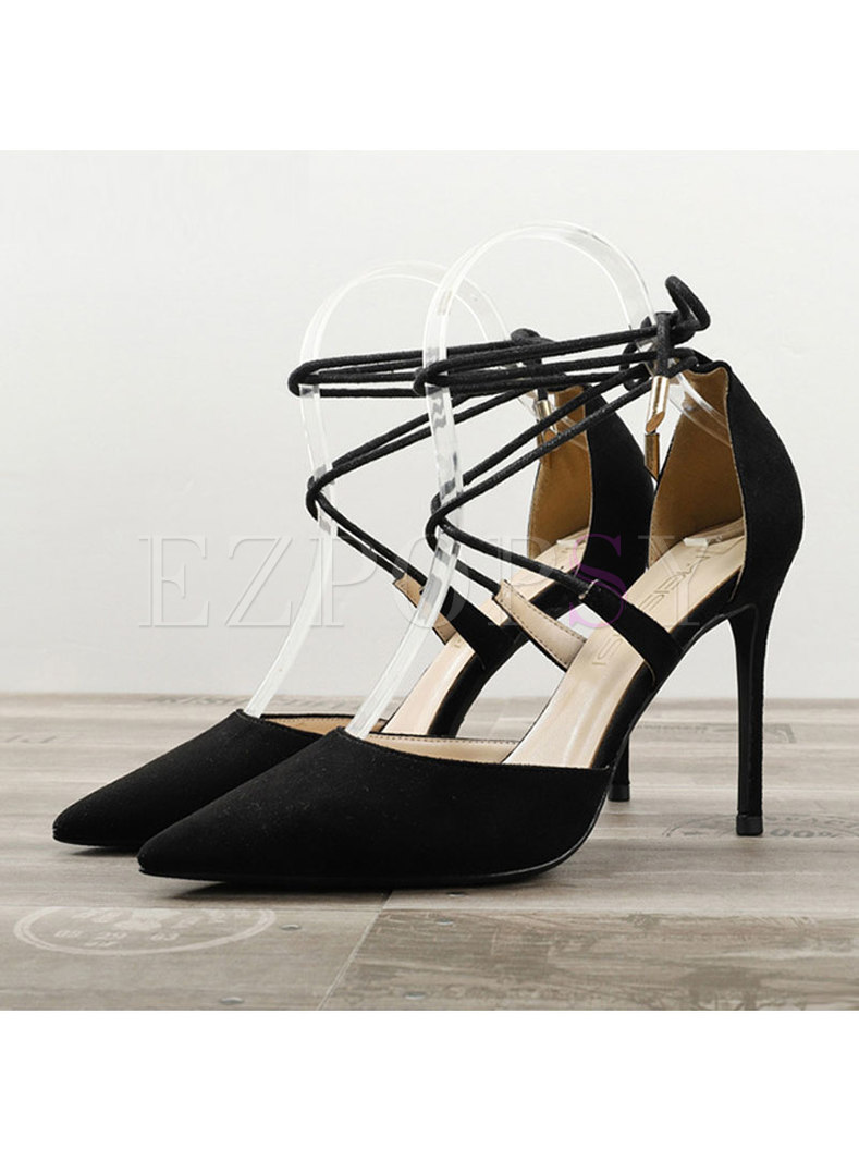 Flock Pointed Toe Cross Tied Thin Heel Shoes