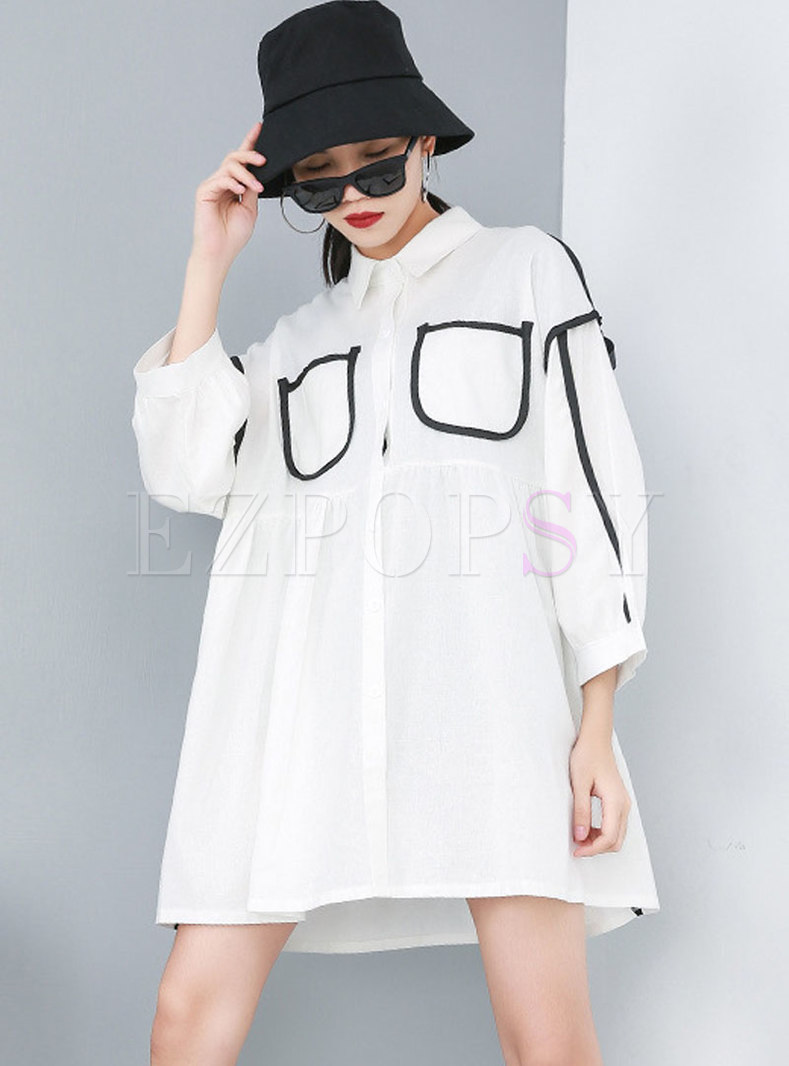 White Lapel Shift Mini Shirt Dress With Pockets