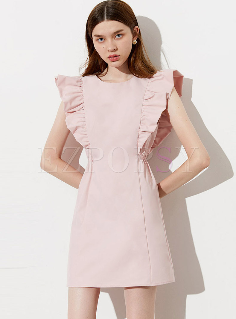 Pink Crew Neck Ruffle Sleeve A Line Mini Dress