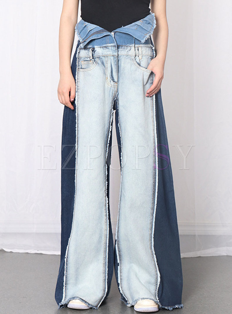 Pants | Pants | Color-blocked High Waisted Denim Patchwork Palazzo Pants