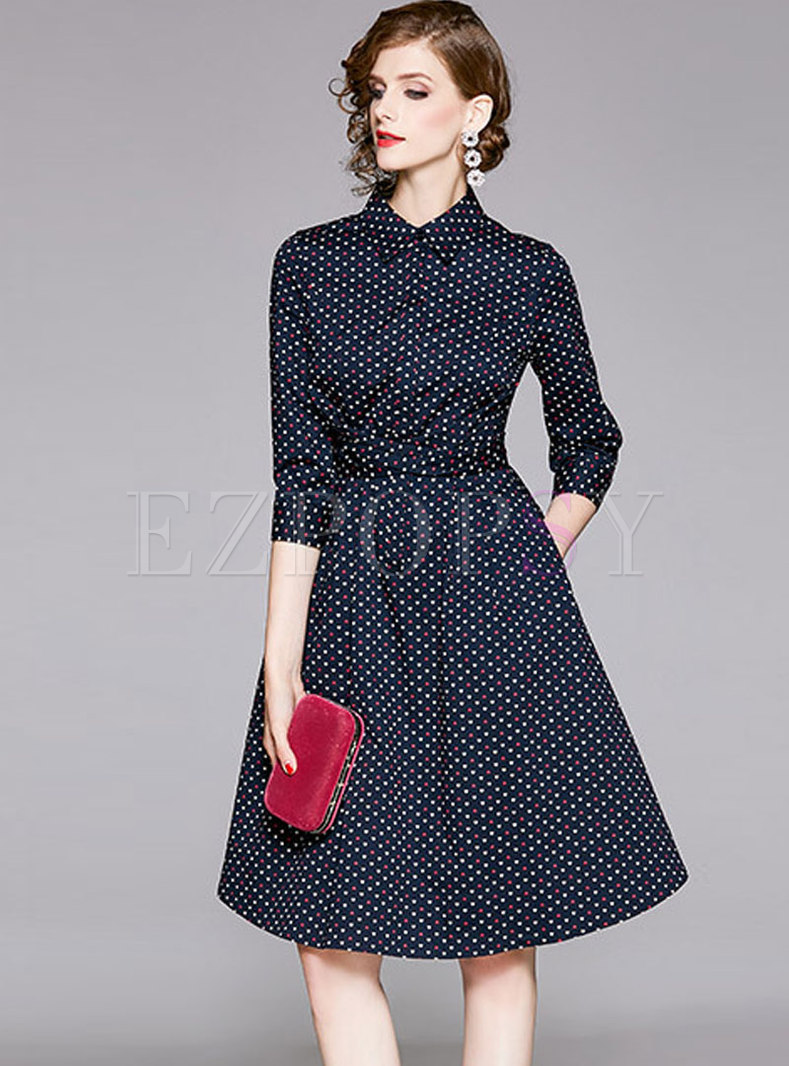 Turn Down Cold Heart Pattern Belted Dress