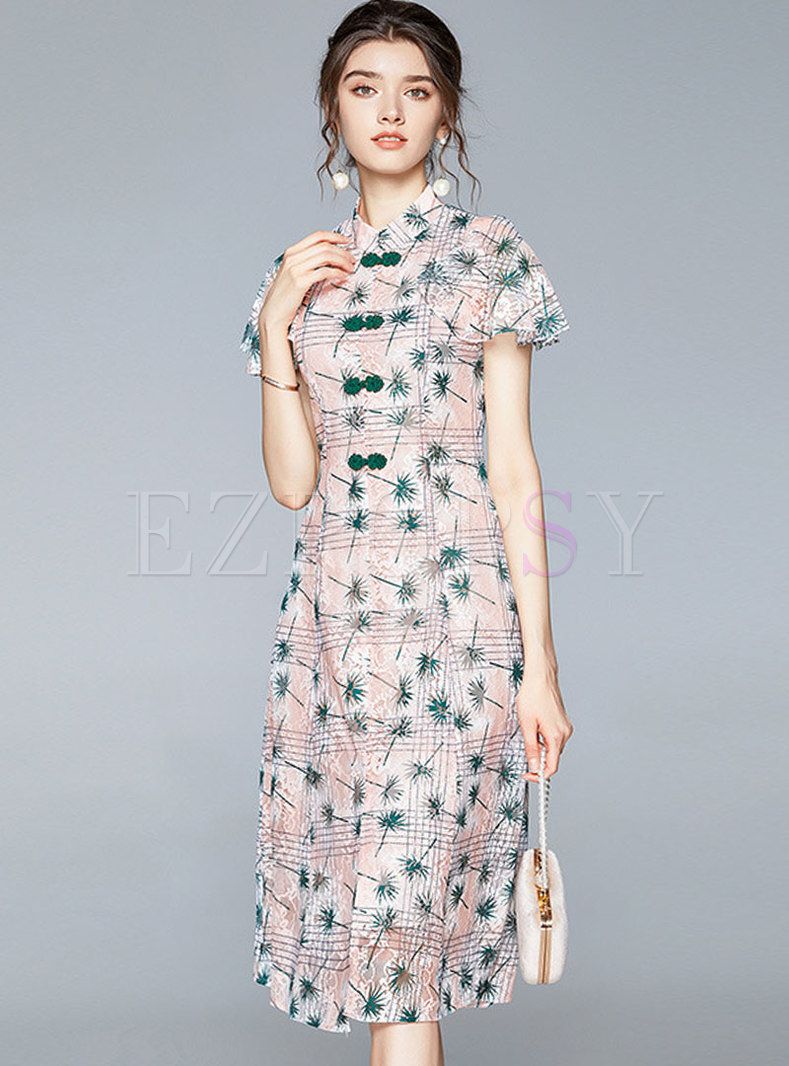 Dresses | Skater Dresses | Mandarin Collar Print A Line Openwork Midi ...