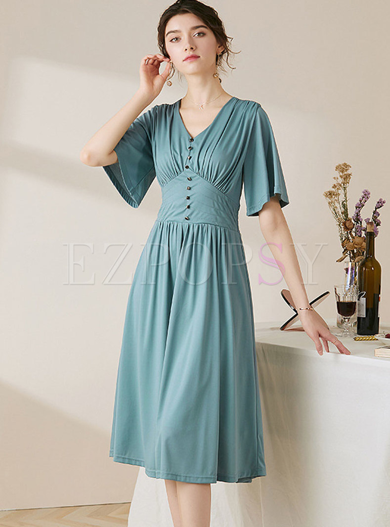 Solid Color Flare Sleeve A Line Midi Dress