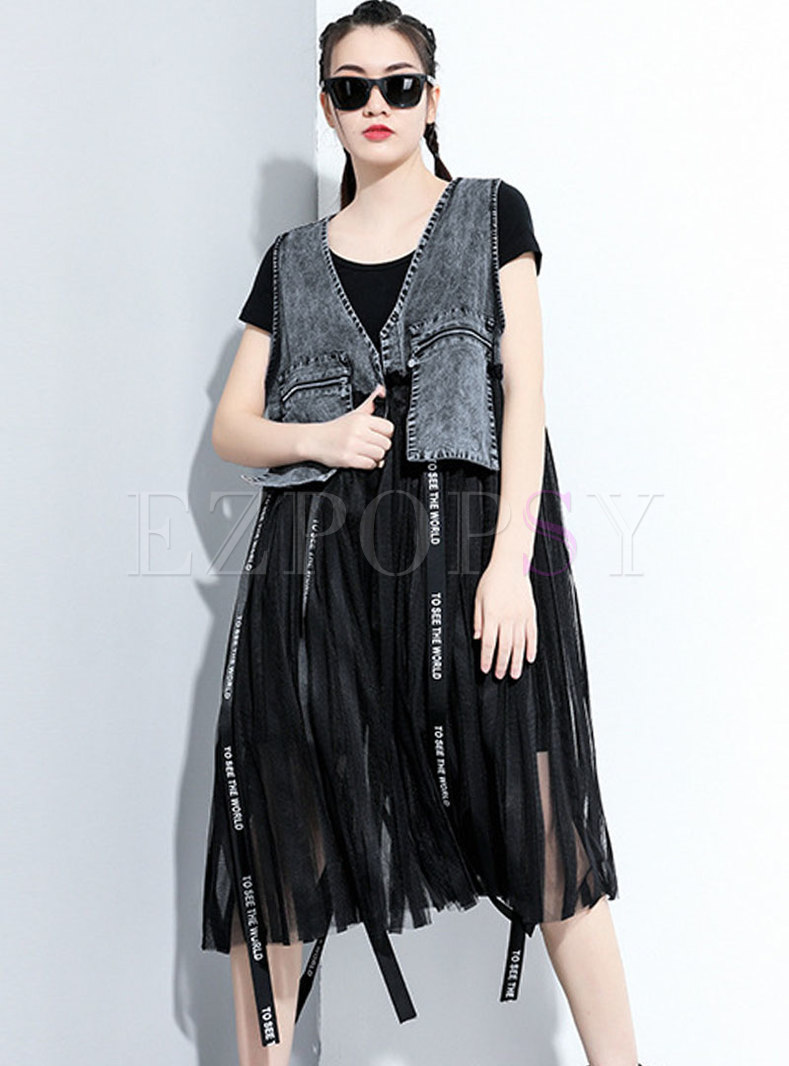 Notched Sleeveless Mesh Patchwork Vest With Ribbon