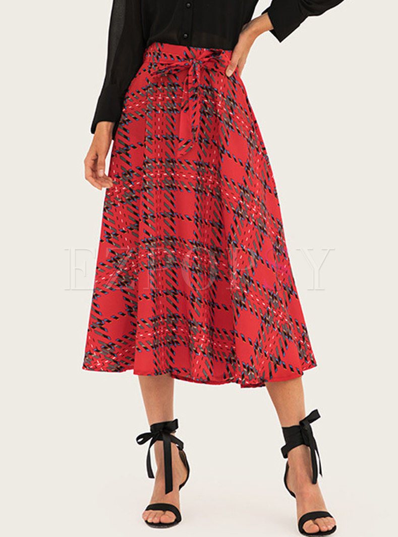 Skirts | Skirts | Bowknot High Waisted Plaid A Line Long Skirt