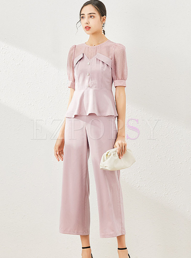 Mesh Patchwork Crew Neck Straight Pant Suits