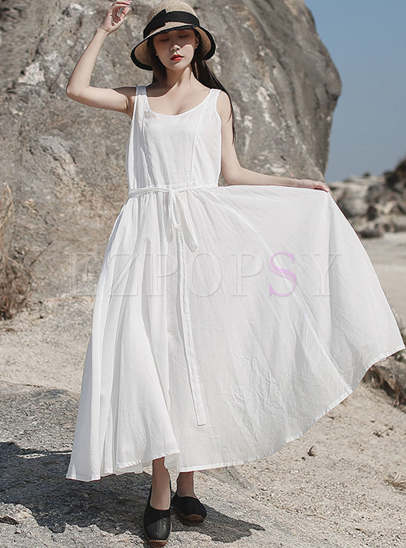 White Sleeveless Tie-Waist Big Hem Maxi Dress