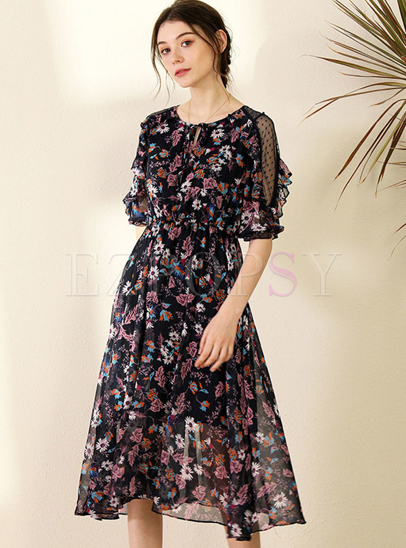 Black Floral Half Sleeve Chiffon Midi Dress