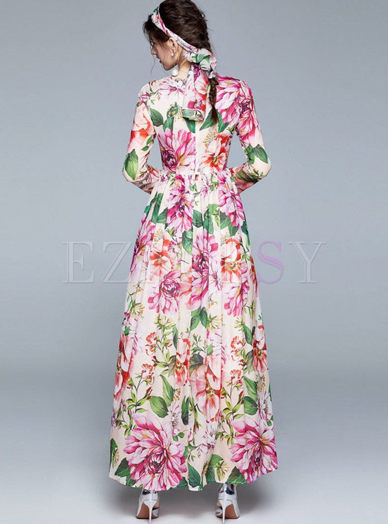 Dresses Maxi Dresses Bowknot Long Sleeve Print Chiffon Maxi Dress 2629