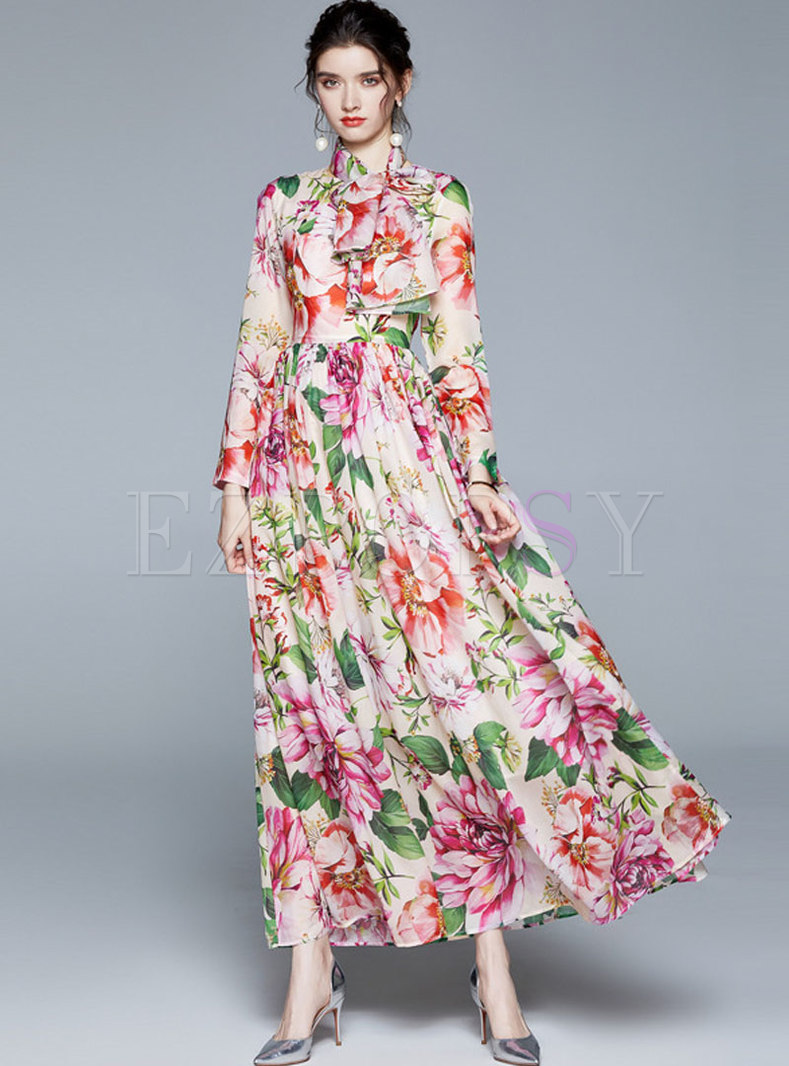 Dresses | Maxi Dresses | Bowknot Long Sleeve Print Chiffon Maxi Dress