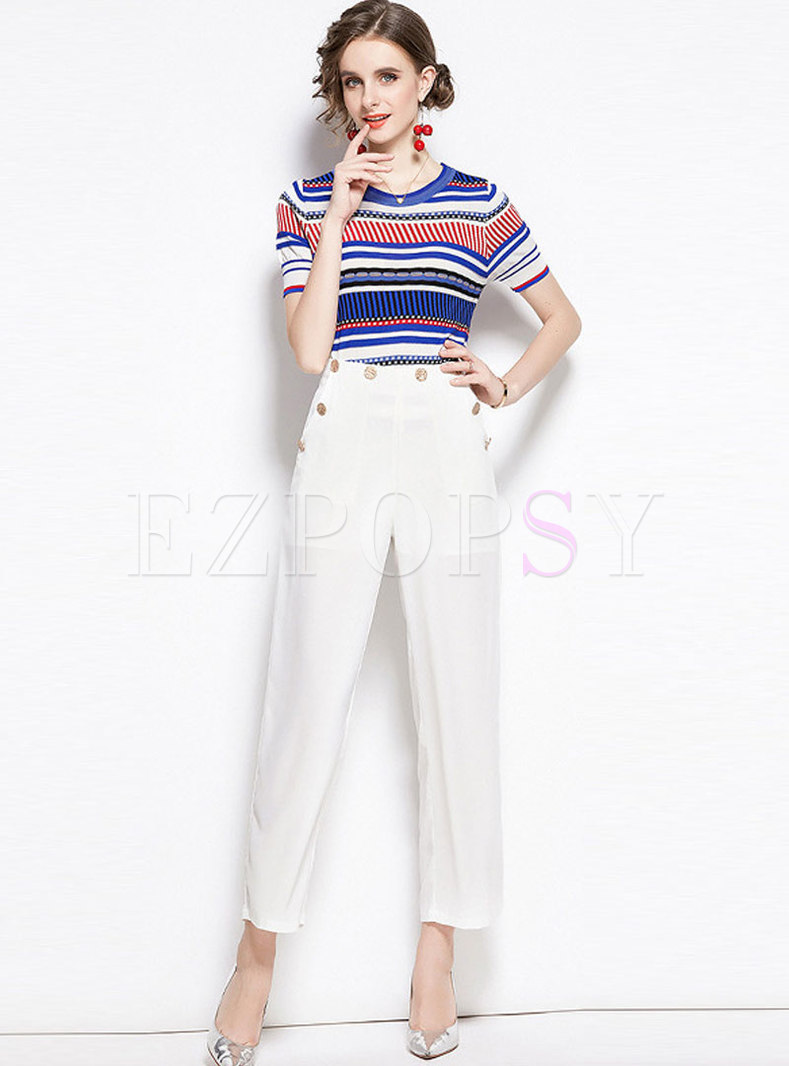 Crew Neck Striped Slim T-shirt & High Waisted Tapered Pants